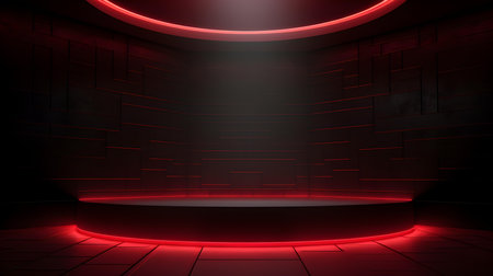 Empty geometrical Room in Dark Red Colors with beautiful Lighting. Futuristic Background for Product Presentation.の素材