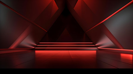 Empty geometrical Room in Dark Red Colors with beautiful Lighting. Futuristic Background for Product Presentation.の素材