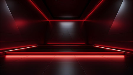 Empty geometrical Room in Dark Red Colors with beautiful Lighting. Futuristic Background for Product Presentation.の素材