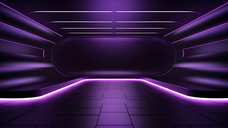 Empty geometrical Room in Eggplant Colors with beautiful Lighting. Futuristic Background for Product Presentation.の素材