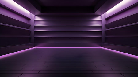 Empty geometrical Room in Eggplant Colors with beautiful Lighting. Futuristic Background for Product Presentation.の素材