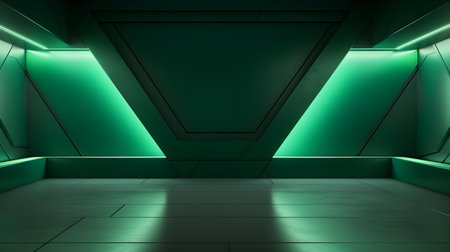 Empty geometrical Room in Emerald Colors with beautiful Lighting. Futuristic Background for Product Presentation.の素材