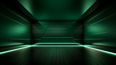 Empty geometrical Room in Forest Green Colors with beautiful Lighting. Futuristic Background for Product Presentation.の素材
