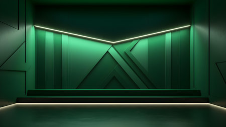 Empty geometrical Room in Forest Green Colors with beautiful Lighting. Futuristic Background for Product Presentation.の素材