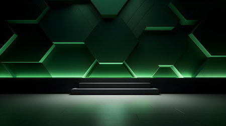Empty geometrical Room in Forest Green Colors with beautiful Lighting. Futuristic Background for Product Presentation.の素材