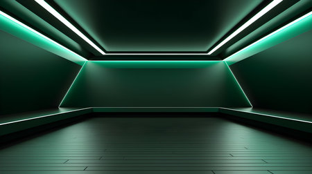Empty geometrical room in green colors with beautiful lighting. Futuristic Background for Product Presentation.の素材