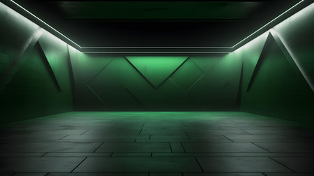 Empty geometrical room in green colors with beautiful lighting. Futuristic Background for Product Presentation.の素材