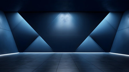 Empty geometrical room in indigo colors with beautiful lighting. Futuristic Background for Product Presentation.の素材