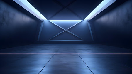 Empty geometrical room in indigo colors with beautiful lighting. Futuristic Background for Product Presentation.の素材