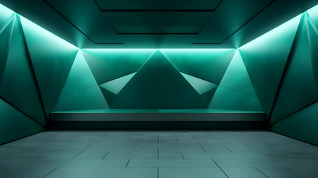 Empty geometrical room in jade colors with beautiful lighting. Futuristic Background for Product Presentation.の素材