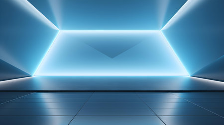 Empty geometrical Room in Light Blue Colors with beautiful Lighting. Futuristic Background for Product Presentation.の素材