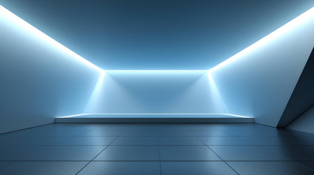 Empty geometrical Room in Light Blue Colors with beautiful Lighting. Futuristic Background for Product Presentation.の素材
