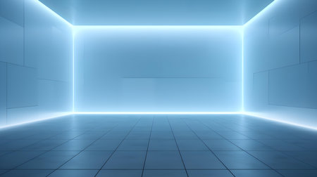 Empty geometrical Room in Light Blue Colors with beautiful Lighting. Futuristic Background for Product Presentation.の素材