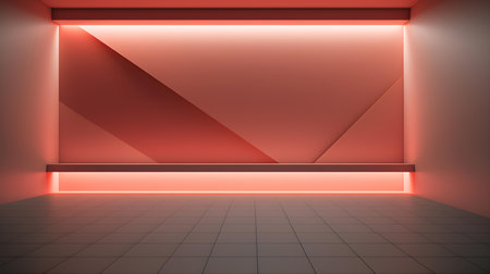 Empty geometrical Room in Light Coral Colors with beautiful Lighting. Futuristic Background for Product Presentation.の素材