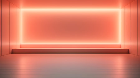 Empty geometrical Room in Light Coral Colors with beautiful Lighting. Futuristic Background for Product Presentation.の素材