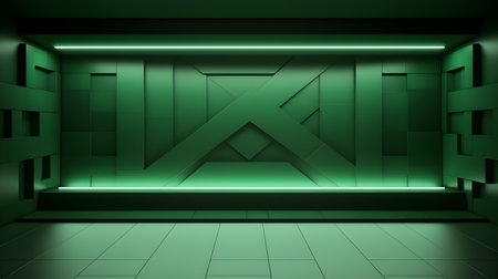 Empty geometrical Room in Light Green Colors with beautiful Lighting. Futuristic Background for Product Presentation.の素材