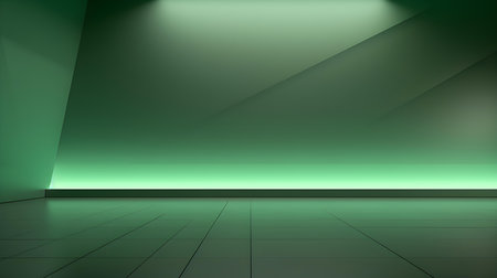 Empty geometrical Room in Light Green Colors with beautiful Lighting. Futuristic Background for Product Presentation.の素材