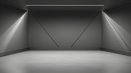 Empty geometrical Room in Light Gray Colors with beautiful Lighting. Futuristic Background for Product Presentation.の素材