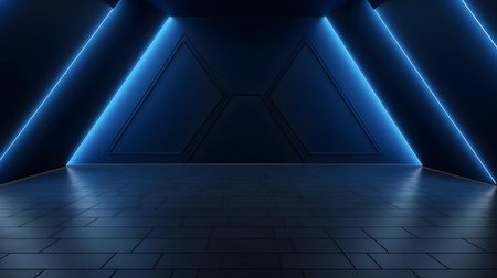 Empty geometrical Room in Medium Blue Colors with beautiful Lighting. Futuristic Background for Product Presentation.の素材