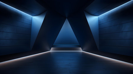 Empty geometrical room in midnight blue colors with beautiful lighting. Futuristic Background for Product Presentation.の素材