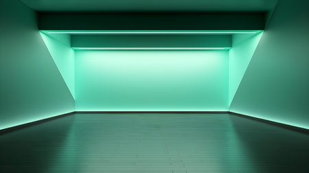 Empty geometrical room in mint green colors with beautiful lighting. Futuristic Background for Product Presentation.の素材