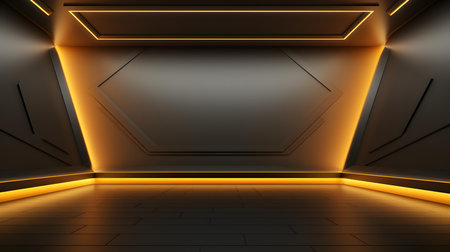 Empty geometrical Room in Mustard Colors with beautiful Lighting. Futuristic Background for Product Presentation.の素材