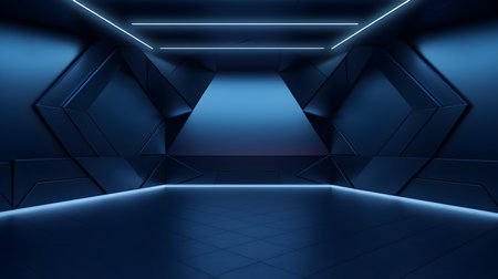 Empty geometrical Room in Navy Blue Colors with beautiful Lighting. Futuristic Background for Product Presentation.の素材