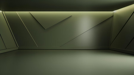 Empty geometrical Room in Olive Drab Colors with beautiful Lighting. Futuristic Background for Product Presentation.の素材