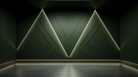 Empty geometrical Room in Olive Green Colors with beautiful Lighting. Futuristic Background for Product Presentation.の素材