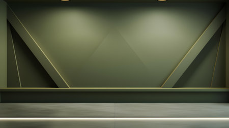Empty geometrical Room in Olive Green Colors with beautiful Lighting. Futuristic Background for Product Presentation.の素材