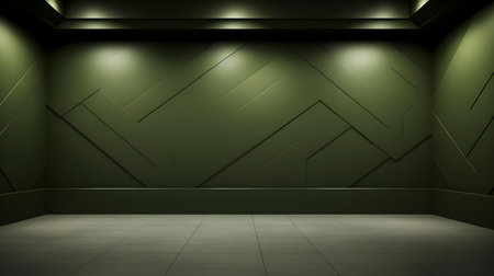 Empty geometrical Room in Olive Colors with beautiful Lighting. Futuristic Background for Product Presentation.の素材