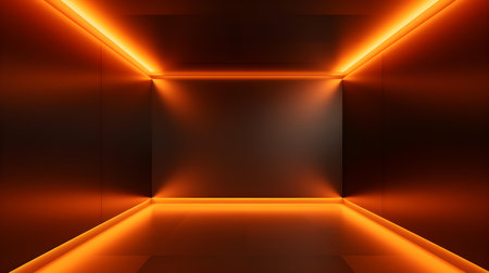 Empty geometrical Room in Orange Colors with beautiful Lighting. Futuristic Background for Product Presentation.の素材