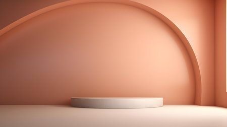 Empty geometrical room in peach colors with beautiful lighting. Futuristic Background for Product Presentation.の素材