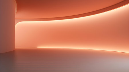 Empty geometrical room in peach colors with beautiful lighting. Futuristic Background for Product Presentation.の素材