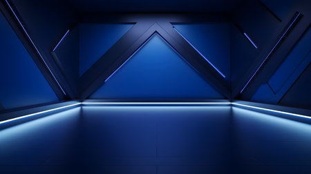 Empty geometrical room in royal blue colors with beautiful lighting. Futuristic Background for Product Presentation.の素材