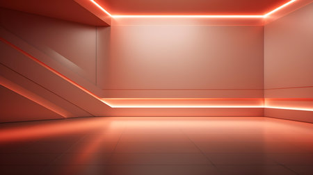 Empty geometrical Room in Salmon Colors with beautiful Lighting. Futuristic Background for Product Presentation.の素材
