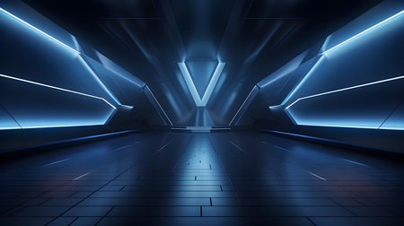 Empty geometrical room in sapphire colors with beautiful lighting. Futuristic Background for Product Presentation.の素材
