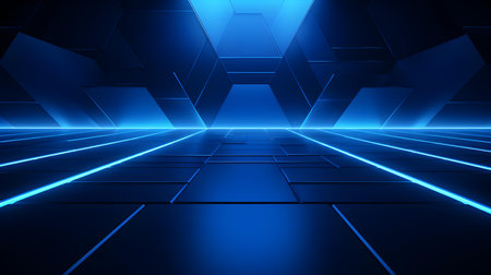 Empty geometrical room in sapphire colors with beautiful lighting. Futuristic Background for Product Presentation.の素材