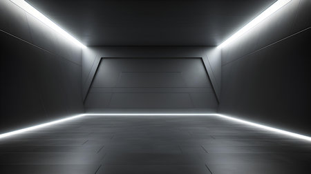 Empty geometrical room in silver colors with beautiful lighting. Futuristic Background for Product Presentation.の素材