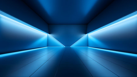 Empty geometrical Room in Sky Blue Colors with beautiful Lighting. Futuristic Background for Product Presentation.の素材