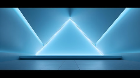 Empty geometrical Room in Sky Blue Colors with beautiful Lighting. Futuristic Background for Product Presentation.の素材