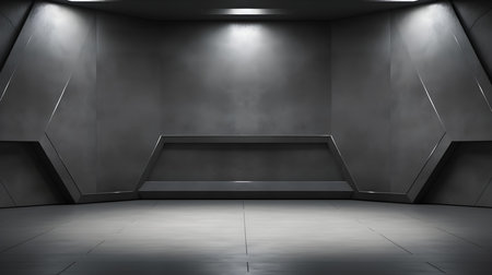Empty geometrical Room in Slate Gray Colors with beautiful Lighting. Futuristic Background for Product Presentation.の素材