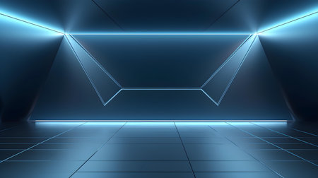 Empty geometrical Room in Steel Blue Colors with beautiful Lighting. Futuristic Background for Product Presentation.の素材