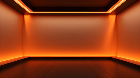Empty geometrical Room in Tangerin Colors with beautiful Lighting. Futuristic Background for Product Presentation.の素材