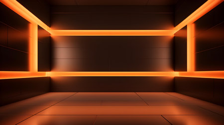 Empty geometrical Room in Tangerin Colors with beautiful Lighting. Futuristic Background for Product Presentation.の素材