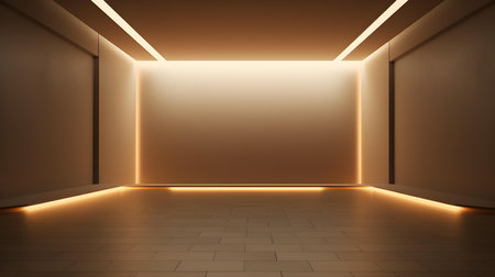 Empty geometrical room in tan colors with beautiful lighting. Futuristic Background for Product Presentation.の素材