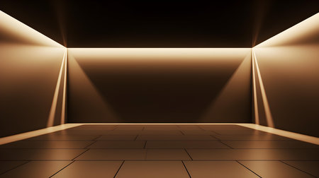 Empty geometrical room in tan colors with beautiful lighting. Futuristic Background for Product Presentation.の素材