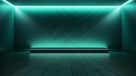 Empty geometrical room in teal green colors with beautiful lighting. Futuristic Background for Product Presentation.の素材