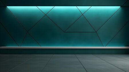 Empty geometrical room in teal colors with beautiful lighting. Futuristic Background for Product Presentation.の素材