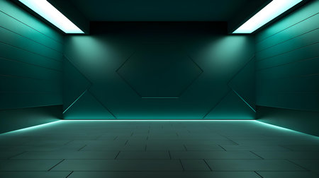 Empty geometrical room in teal colors with beautiful lighting. Futuristic Background for Product Presentation.の素材